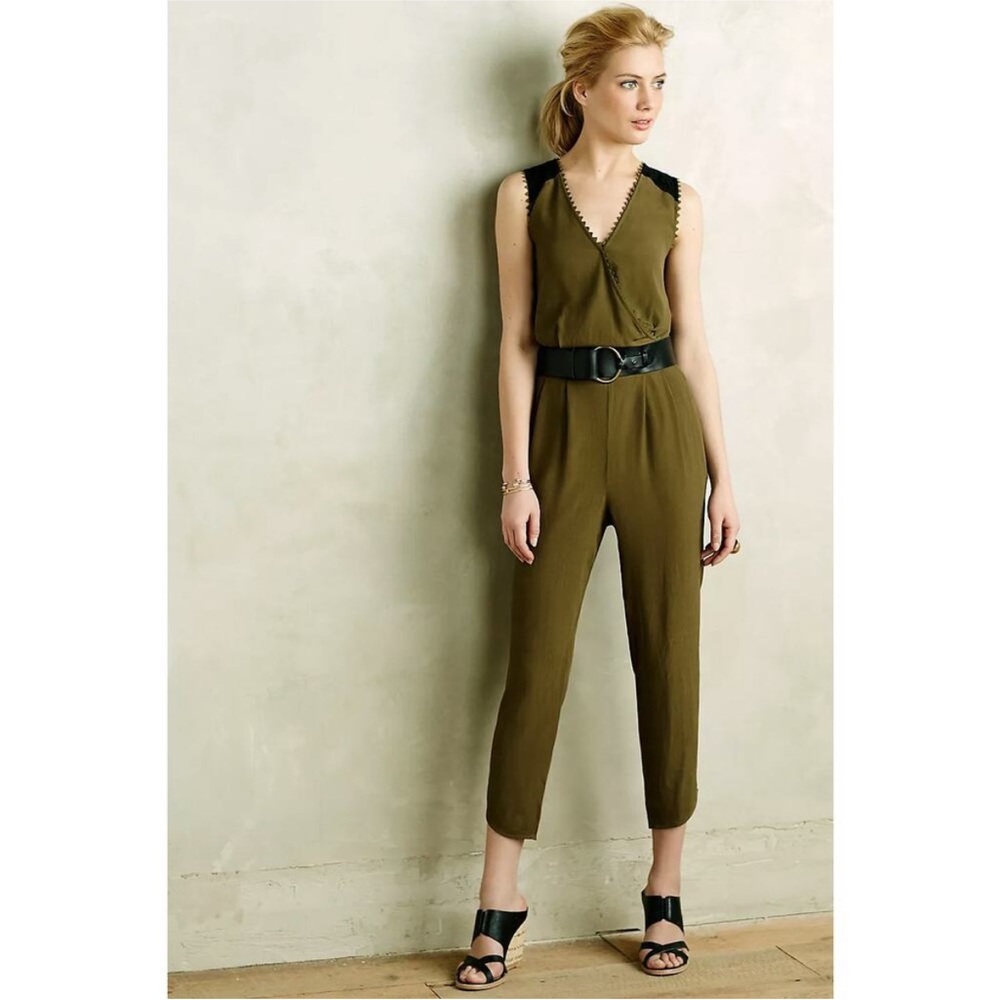 Anthropologie Leifsdottir Sani Lace Jumpsuit Green Wrap Lace Back Belt - Size 12